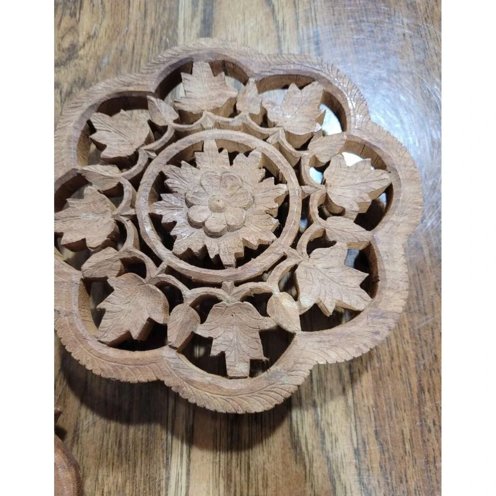 Vintage Teak Wood Hand Carved Trivets Made In India 6